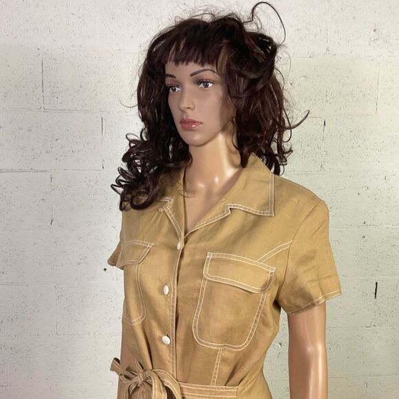 Cali Cali Tan Linen Vintage Button Front Belted Midi Safari Shirt Dress 8 - Picture 9 of 10